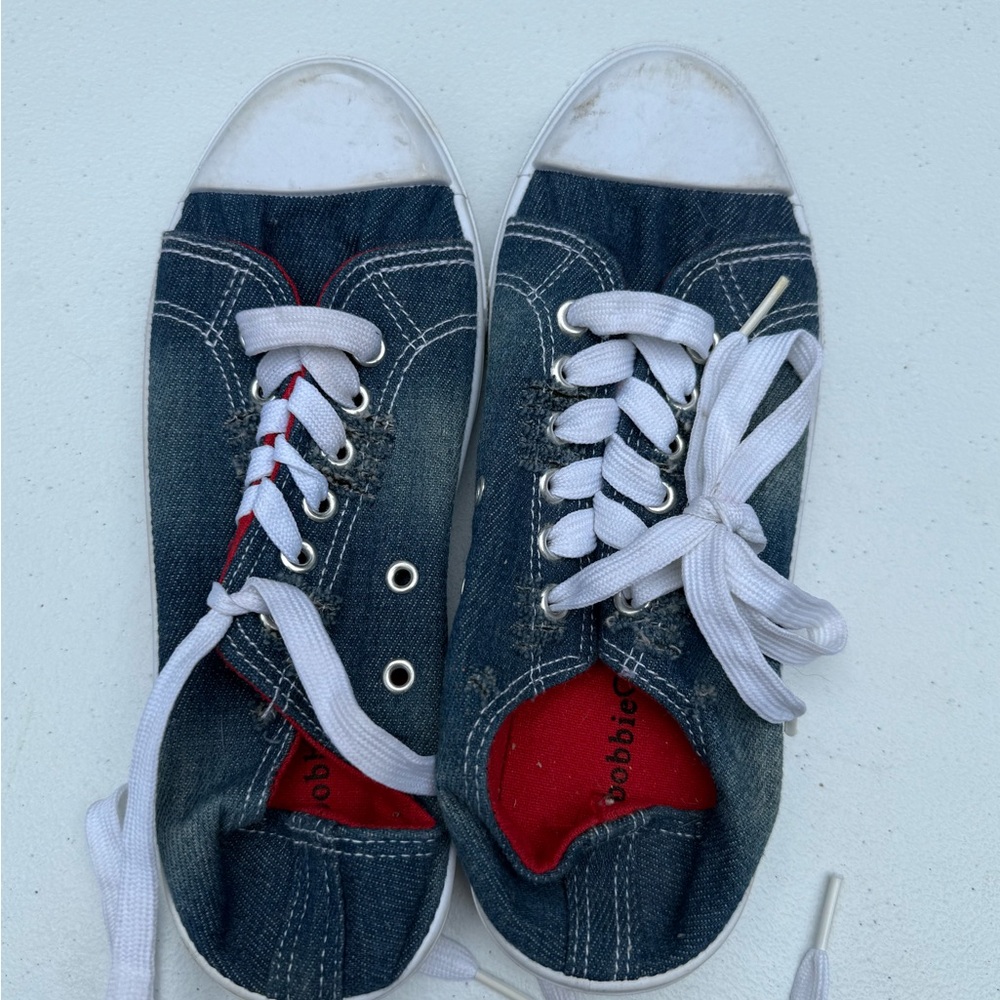 Denim Sneakers with Red Accents
